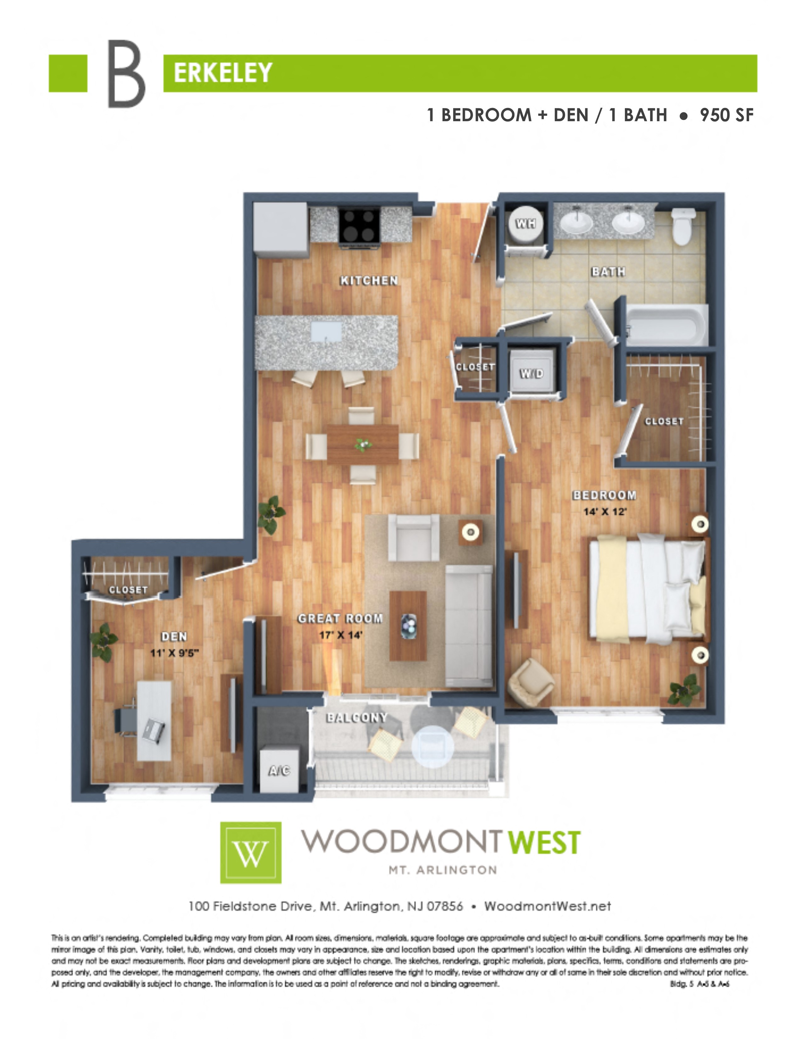 Floor plan for 1 bed, 1 bath, 950 sqft